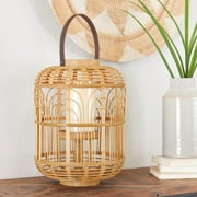 The Novogratz Brown Bamboo Handmade Candle Lantern with Handle 13 x 13 x 18